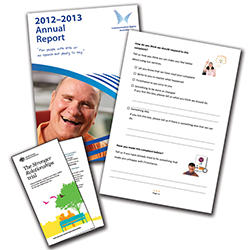 A montage of different documents including a report, a brochure and a form