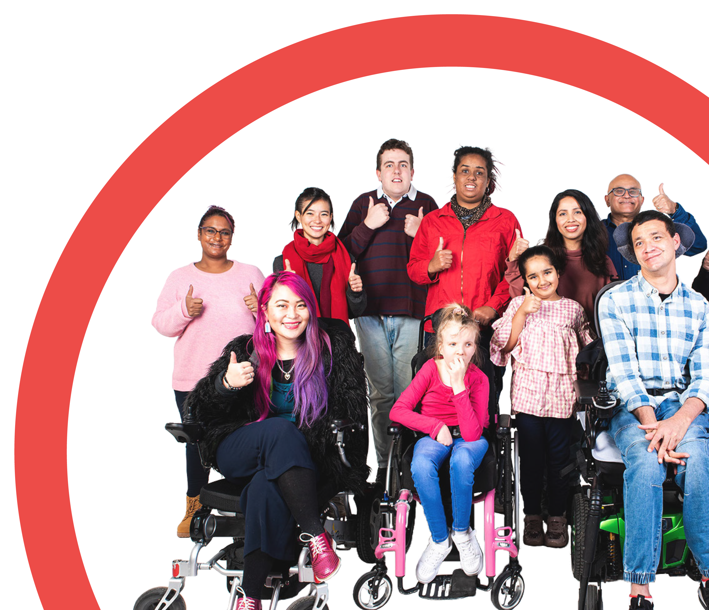 A large, diverse group of people with their thumbs up.