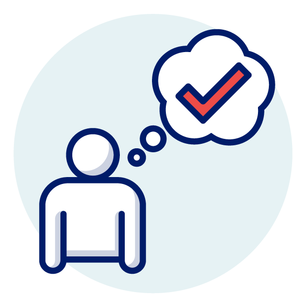 An icon of a person with a thought bubble and a tick.