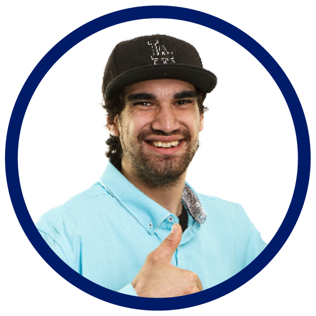 A person wearing a hat and a thumbs up.